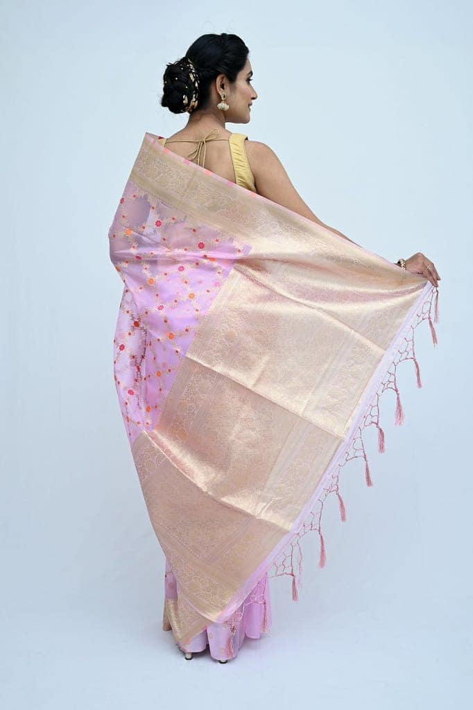 Baby Pink Organza Silk Saree With Rich Border view 2