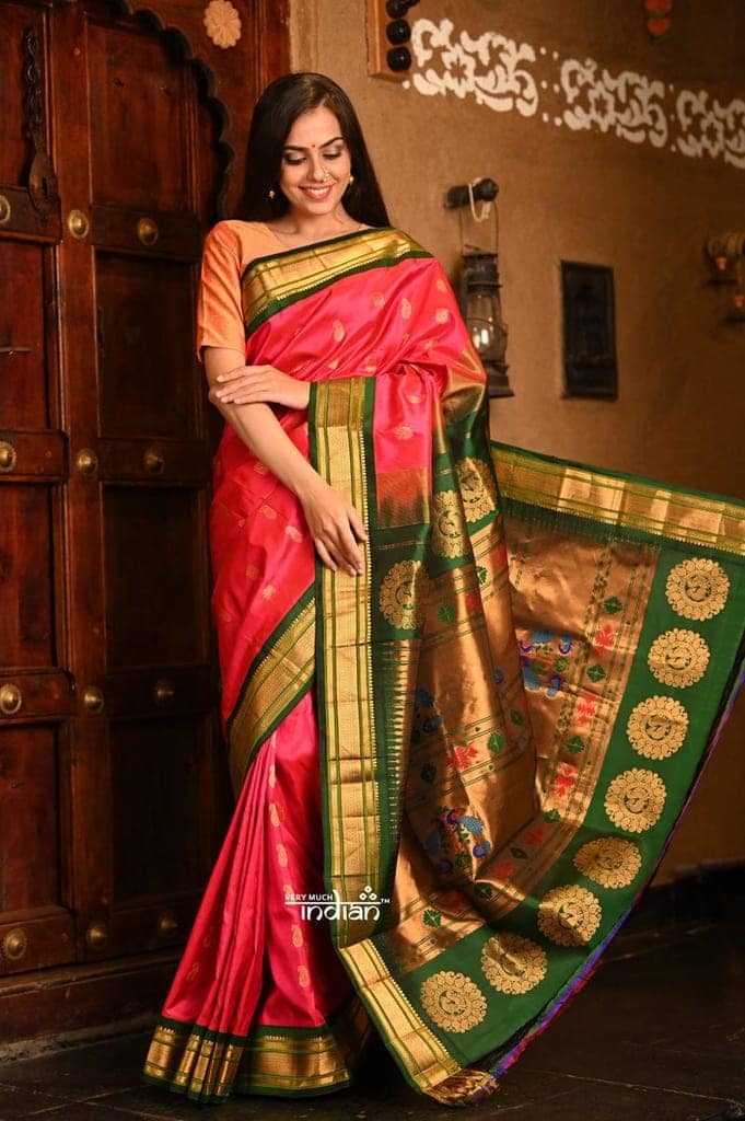 Rajsi~ Pure Silk Handloom - Maharani Paithani Bright Pink color with a broad Green Border and Golden Motifs