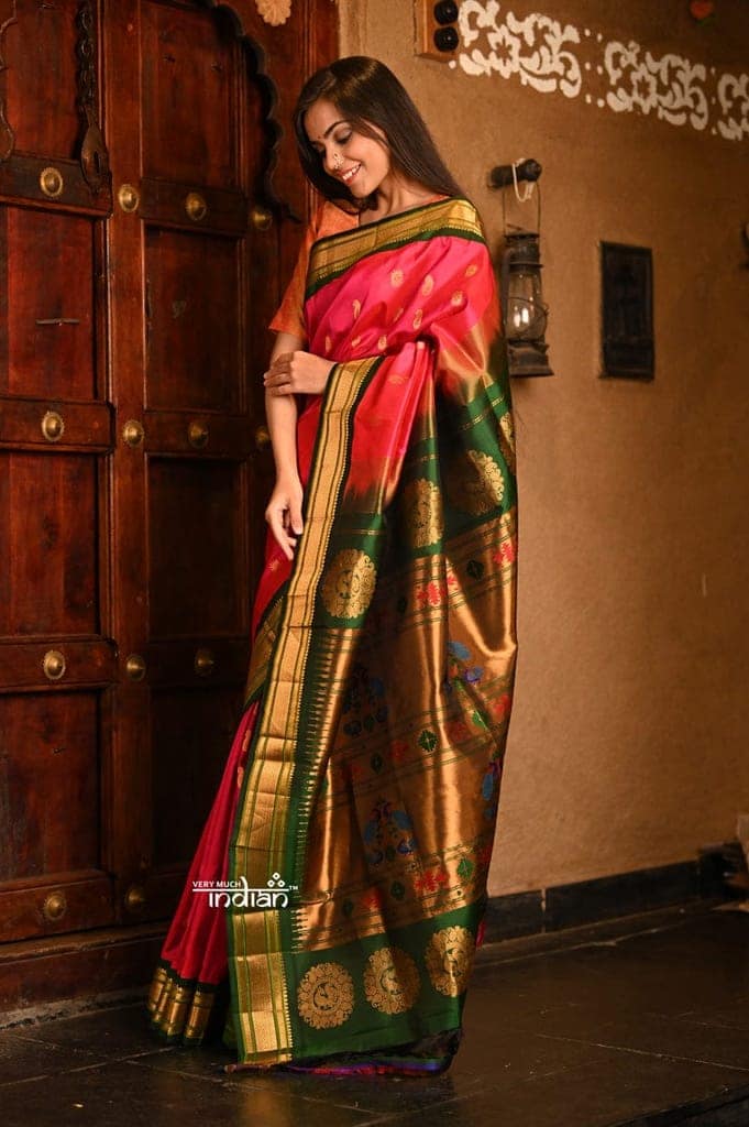 Rajsi~ Pure Silk Handloom - Maharani Paithani Bright Pink color with a broad Green Border and Golden Motifs view 2