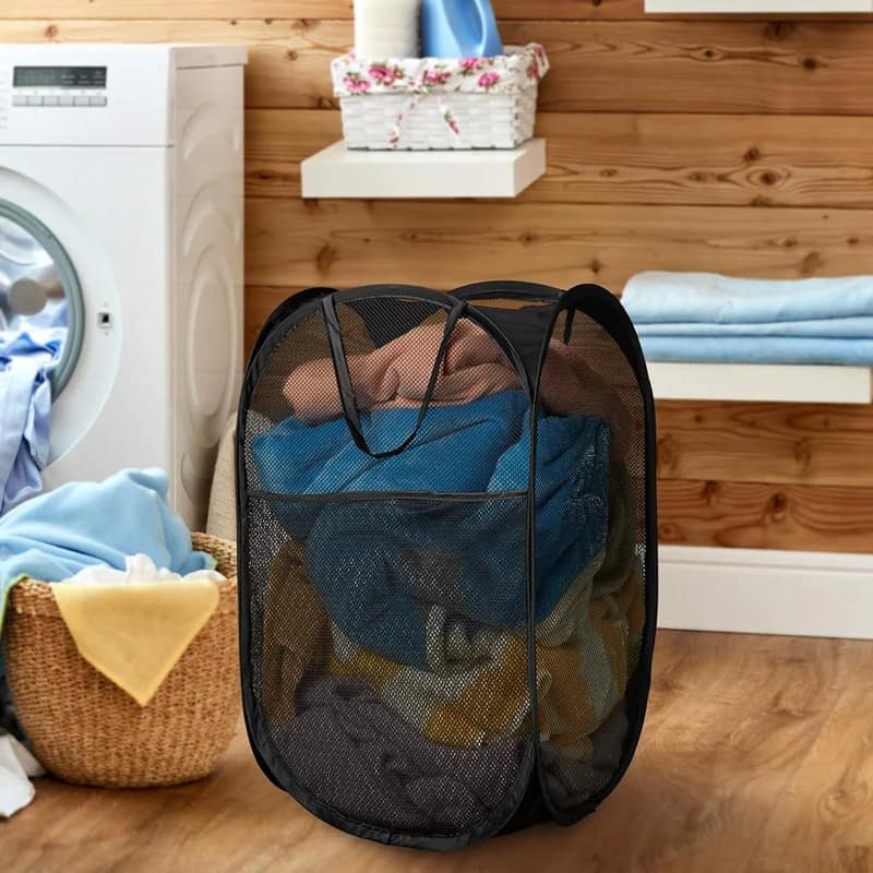 Laundry Hamper Mesh Fabric For Ventilation Foldable Storage Pop Up Clothes Basket (Pack of 1) view 8