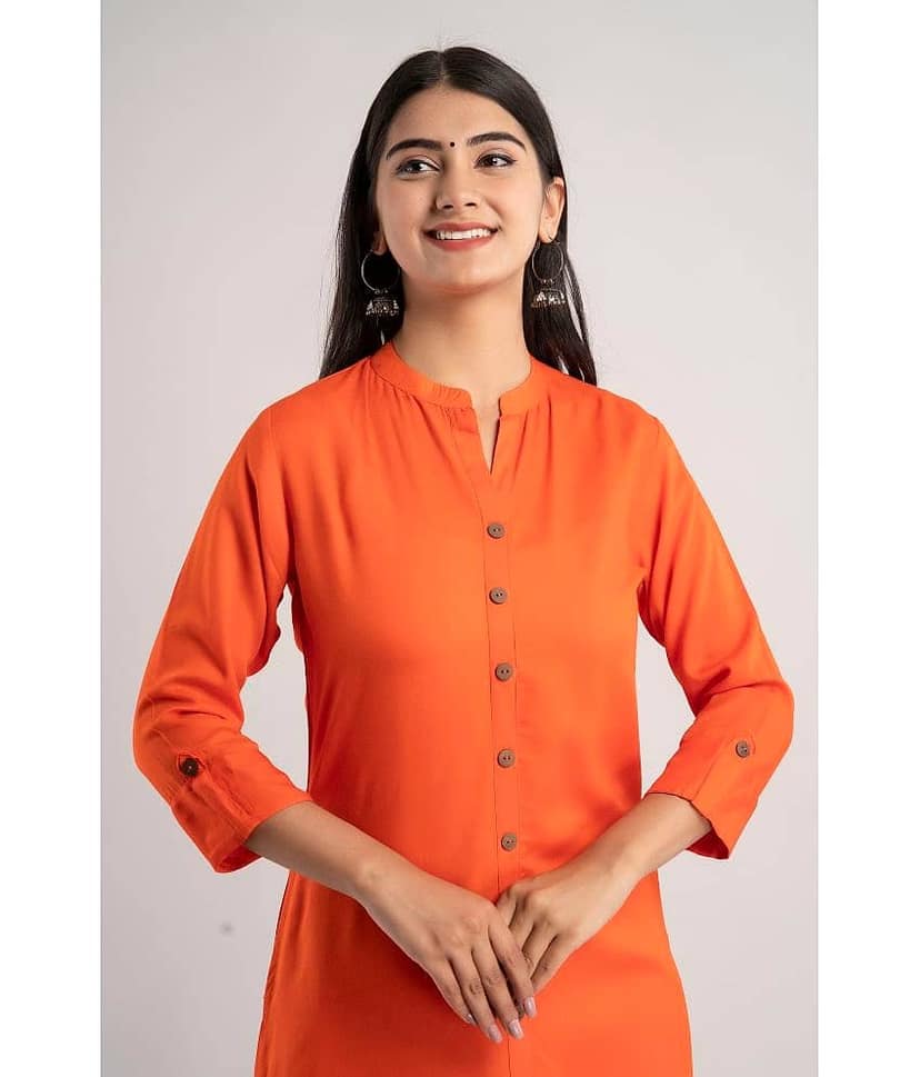 MAUKA - Orange Rayon Women's Front Slit Kurti ( Pack of 1 ) view 2