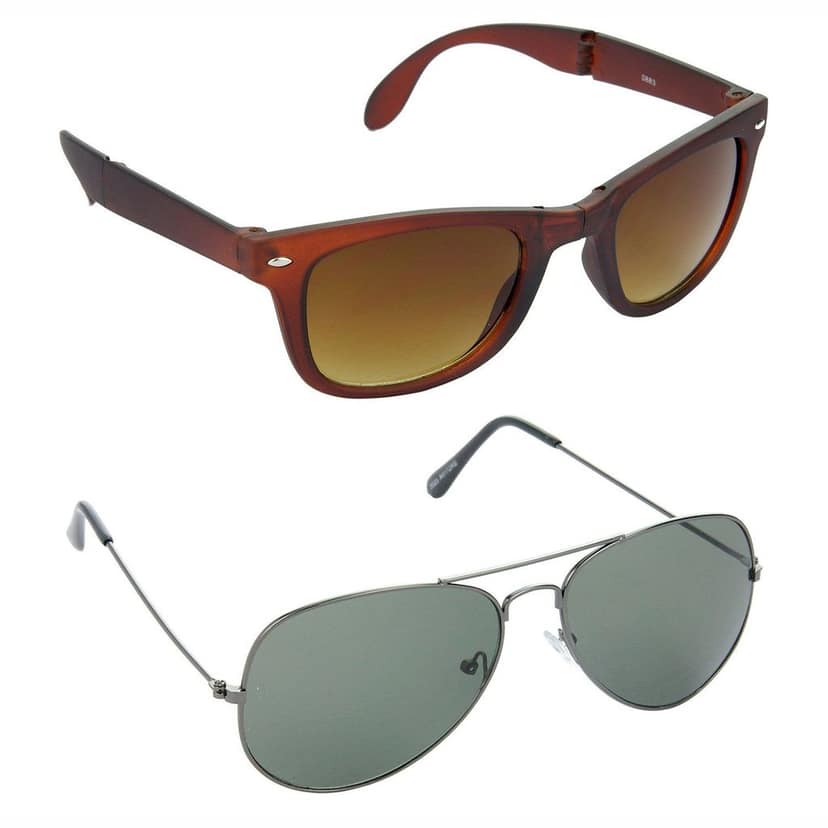 HRINKAR Men Women Boys & Girls Pilot & Rectangular Sunglasses Brown & Grey Frame, Brown & Green Lens (Medium) Pack of - 2