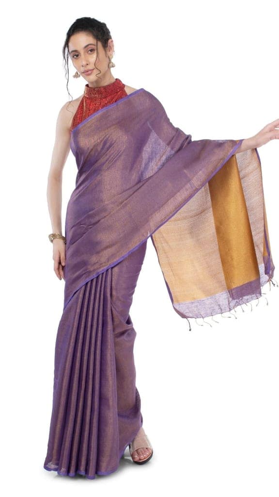 Tissue Linen Saree Blackberry Purple Color with Gold Shimmer contrast pallu and running blouse-9026 view 2