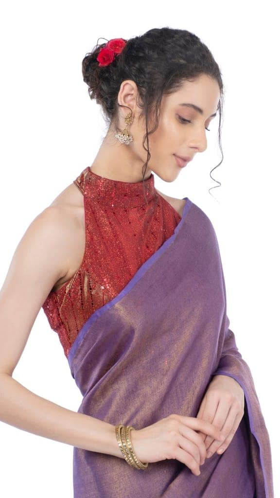 Tissue Linen Saree Blackberry Purple Color with Gold Shimmer contrast pallu and running blouse-9026 view 3