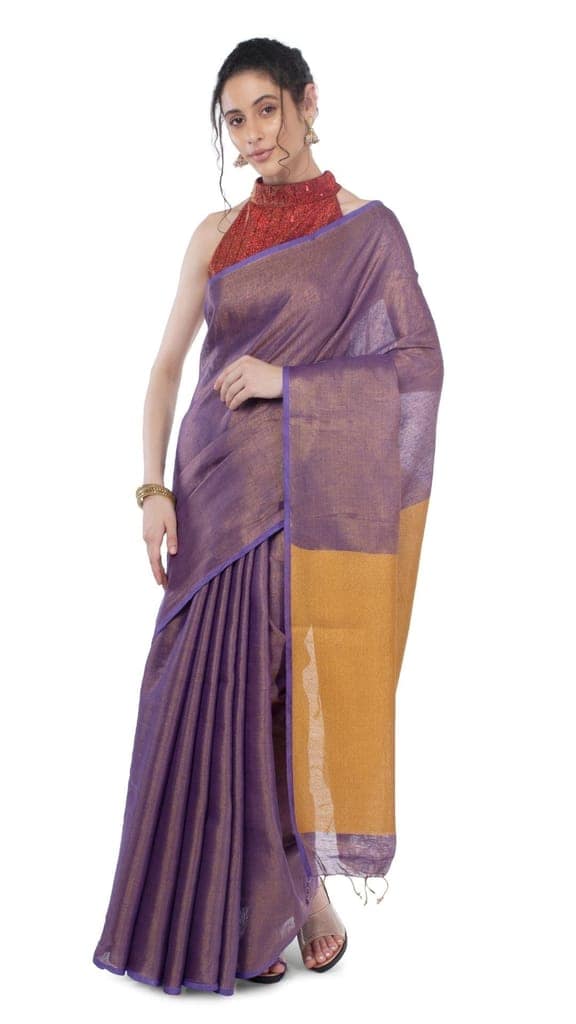 Tissue Linen Saree Blackberry Purple Color with Gold Shimmer contrast pallu and running blouse-9026 view 7