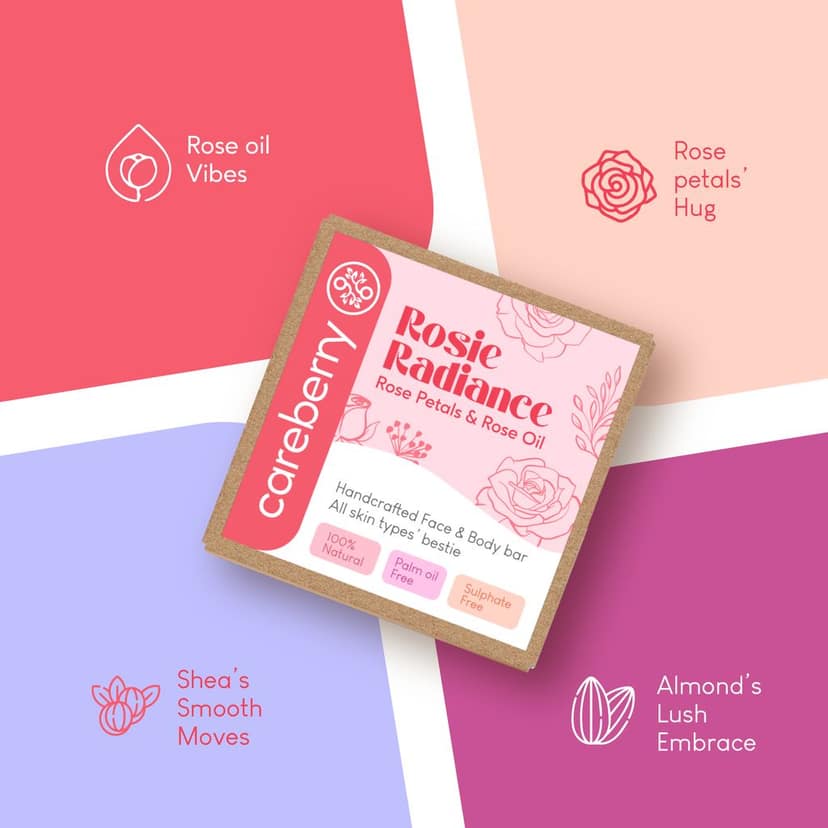 Careberry's Rosy Radiance Handcrafted Face & Body Bar | Gentle Cleanser with Rose Petals & Rose Oil for Radiant Skin, 100gm view 5