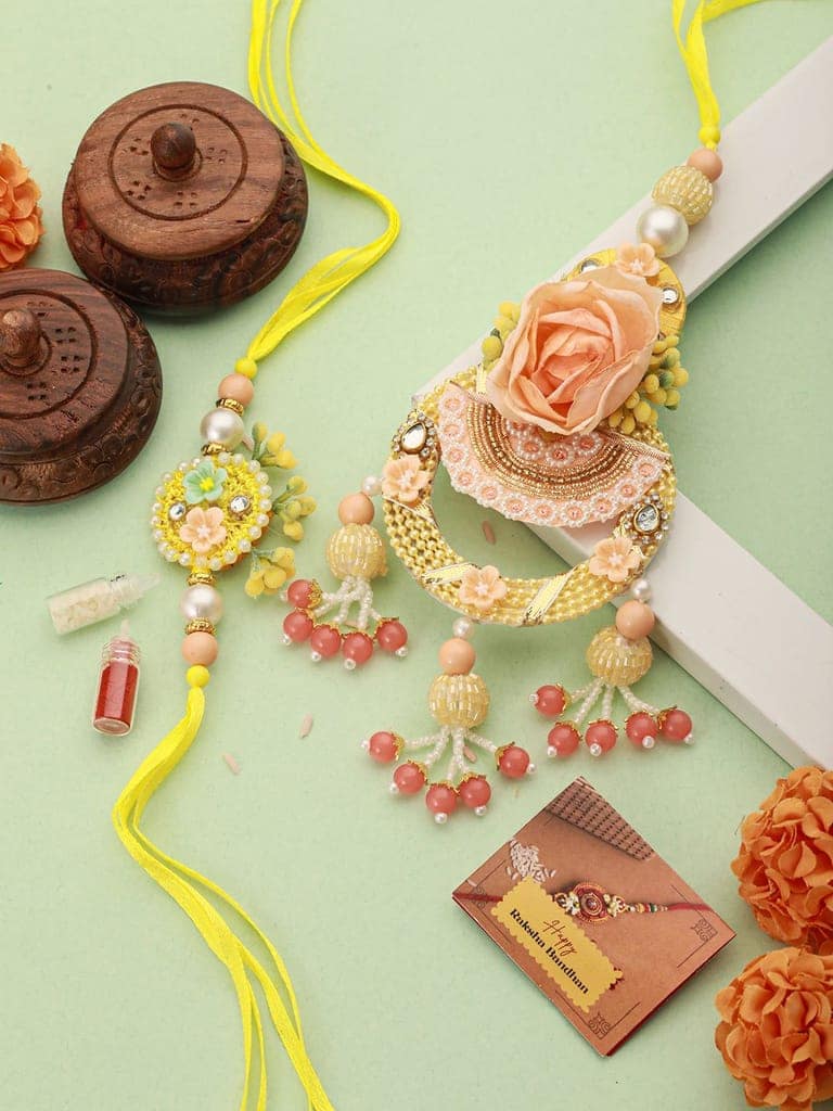 Set of 2 Peach Handcrafted Flower Rakhi For Bhaiya & Bhabhi Lumba Rakhi Set With Roli Chawal pooja Plate view 2