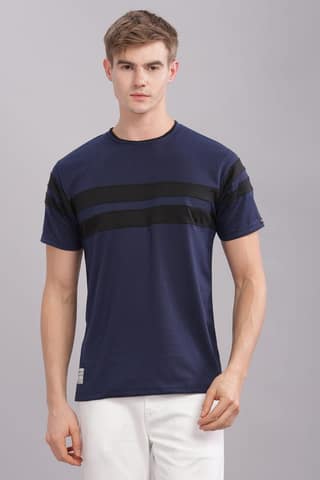 Men Striped Round Neck Polyester Grey T-Shirt