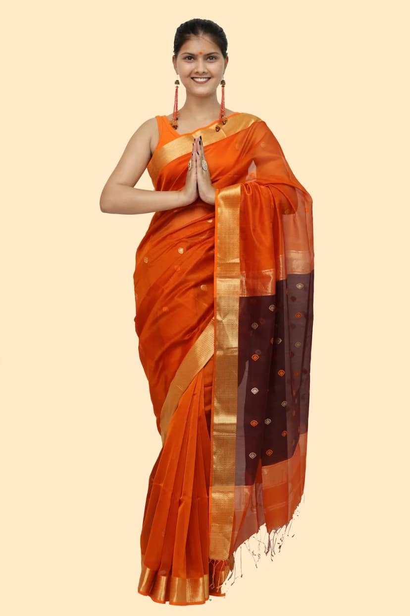 Vibrant Orange Drop motif handloom Saree with Tassels view 3
