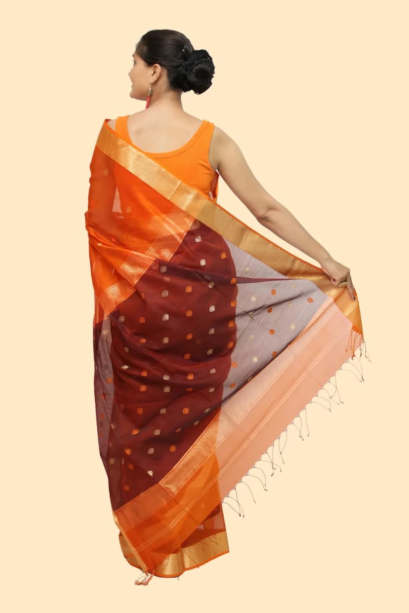 Vibrant Orange Drop motif handloom Saree with Tassels view 4