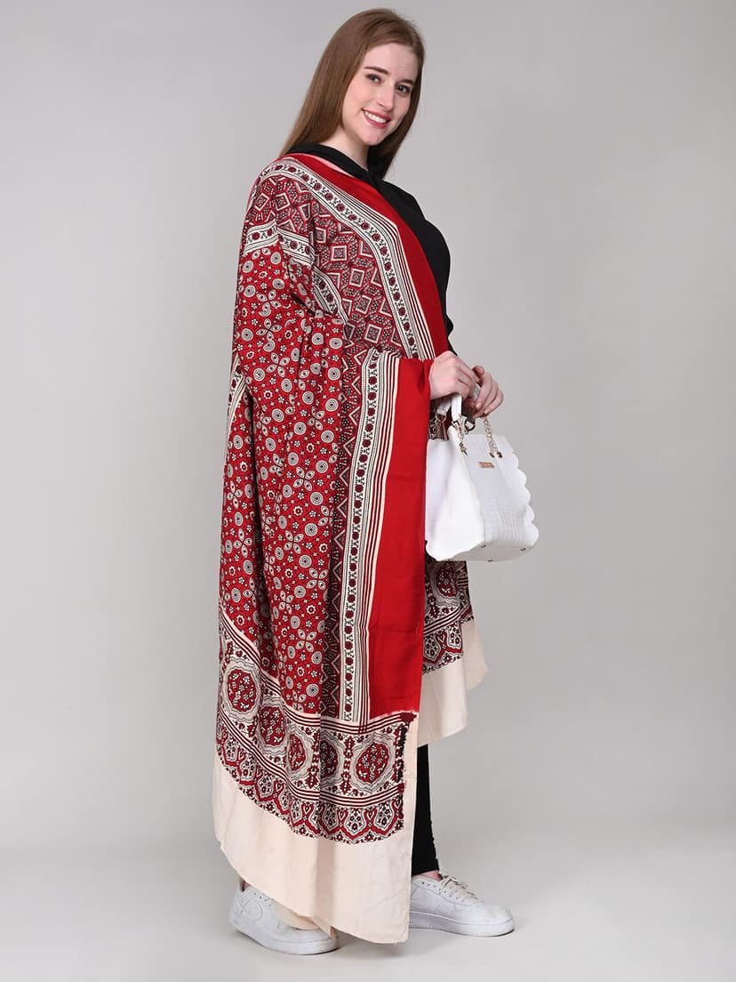 Amrozia Women's Ajrakh Block Print Rayon Dupatta (Red) view 4