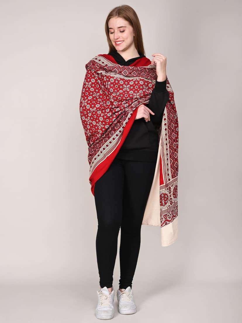Amrozia Women's Ajrakh Block Print Rayon Dupatta (Red) view 5