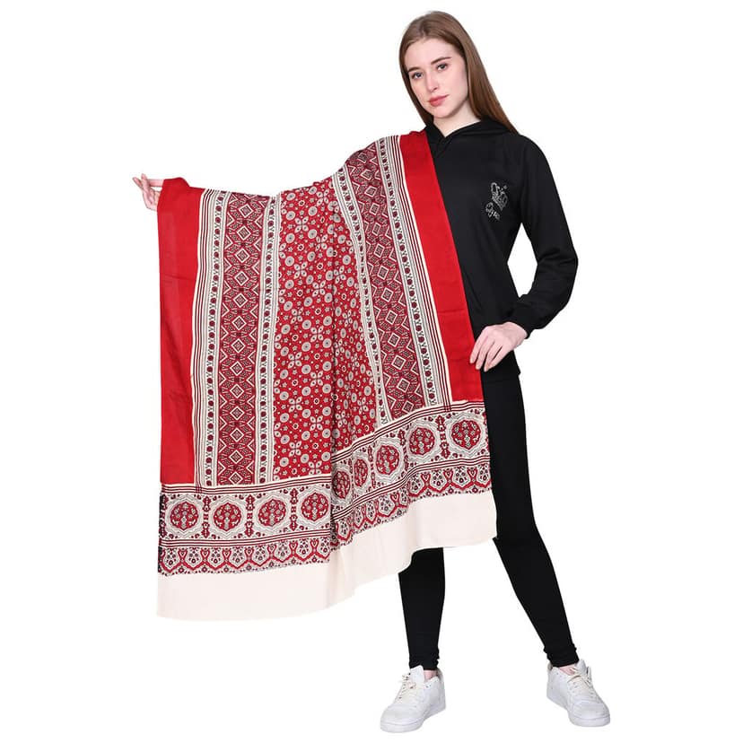 Amrozia Women's Ajrakh Block Print Rayon Dupatta (Red) view 6