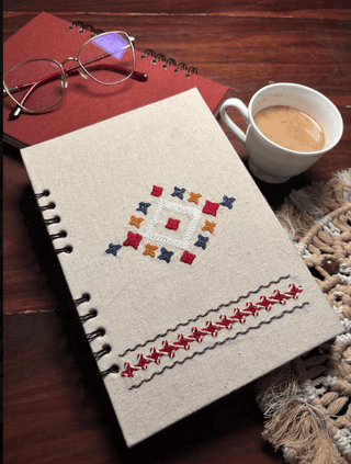Handmade Jute Notebook with Geometric Embroidery and Macrame Border