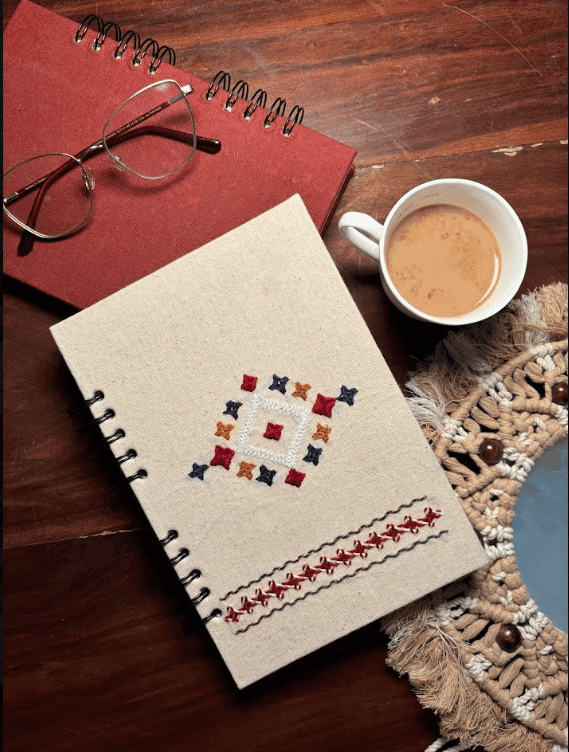 Handmade Jute Notebook with Geometric Embroidery and Macrame Border view 2
