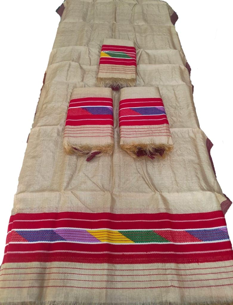 Assamese Traditional Cotton Sador Mekhela Set – Natural Beige with Multicolour Woven Border