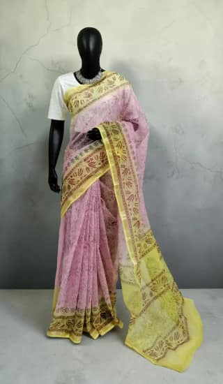 Handwoven Kota Doria Saree in Pink and Yellow with Block Print