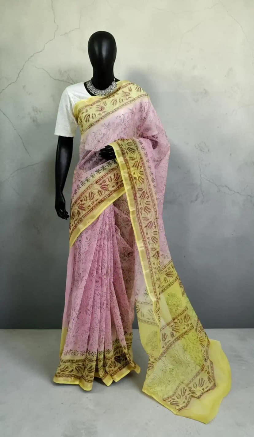 Handwoven Kota Doria Saree in Pink and Yellow with Block Print
