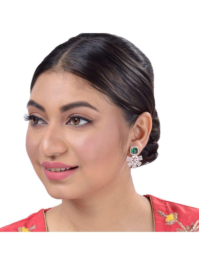 Exquisite Emerald Floral design green earrings Rose gold plated AD studded view 10
