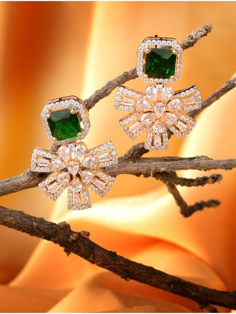 Exquisite Emerald Floral design green earrings Rose gold plated AD studded view 2