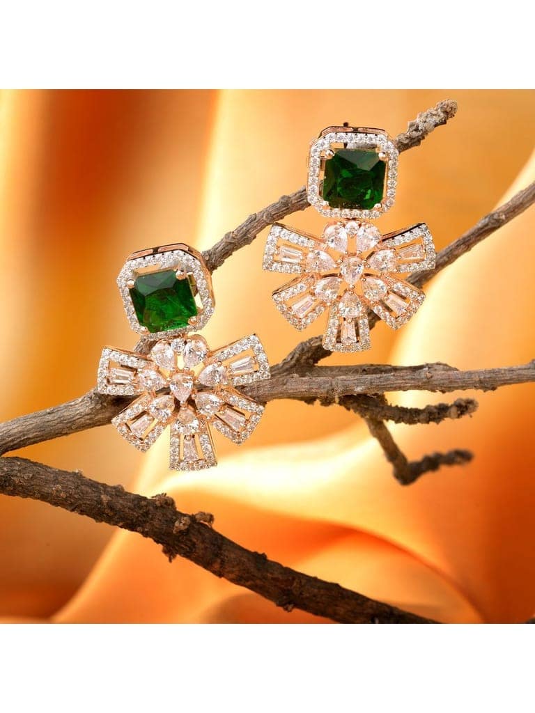 Exquisite Emerald Floral design green earrings Rose gold plated AD studded view 3