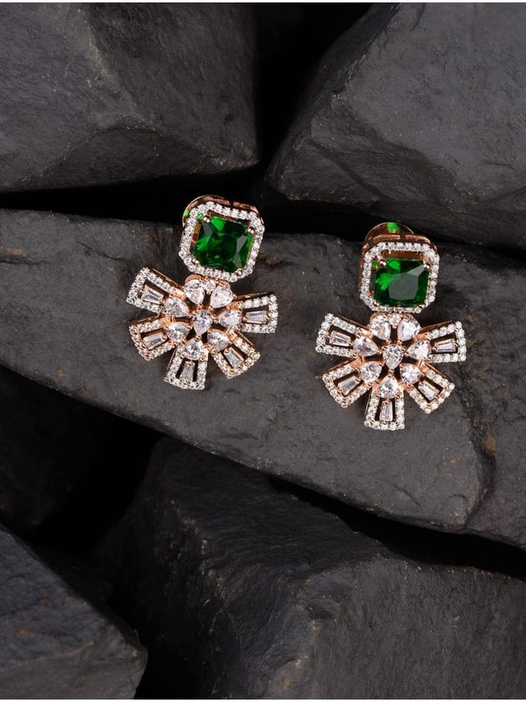Exquisite Emerald Floral design green earrings Rose gold plated AD studded view 5