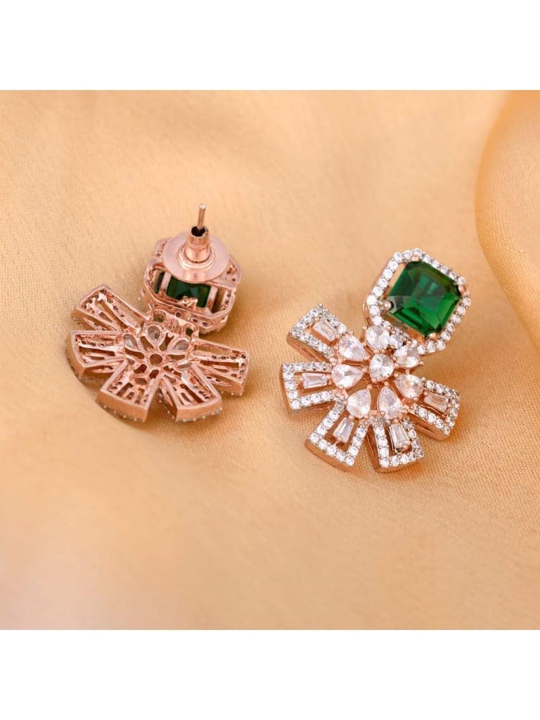 Exquisite Emerald Floral design green earrings Rose gold plated AD studded view 9