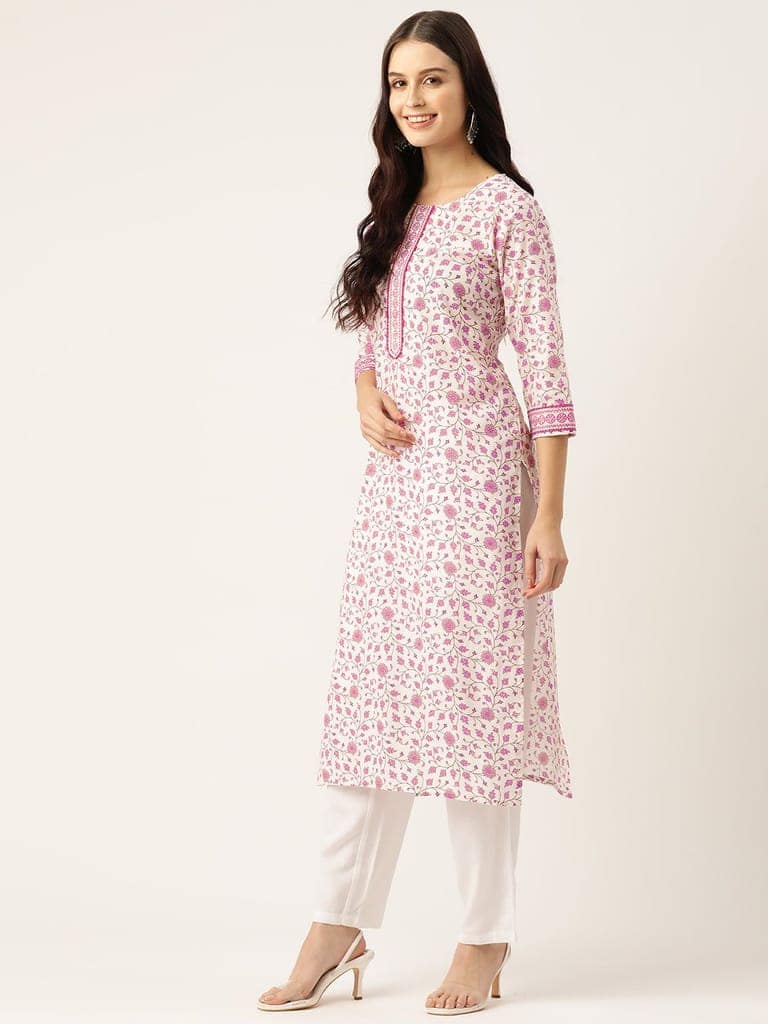Women White & Pink Floral Printed A-Line Kurta view 2