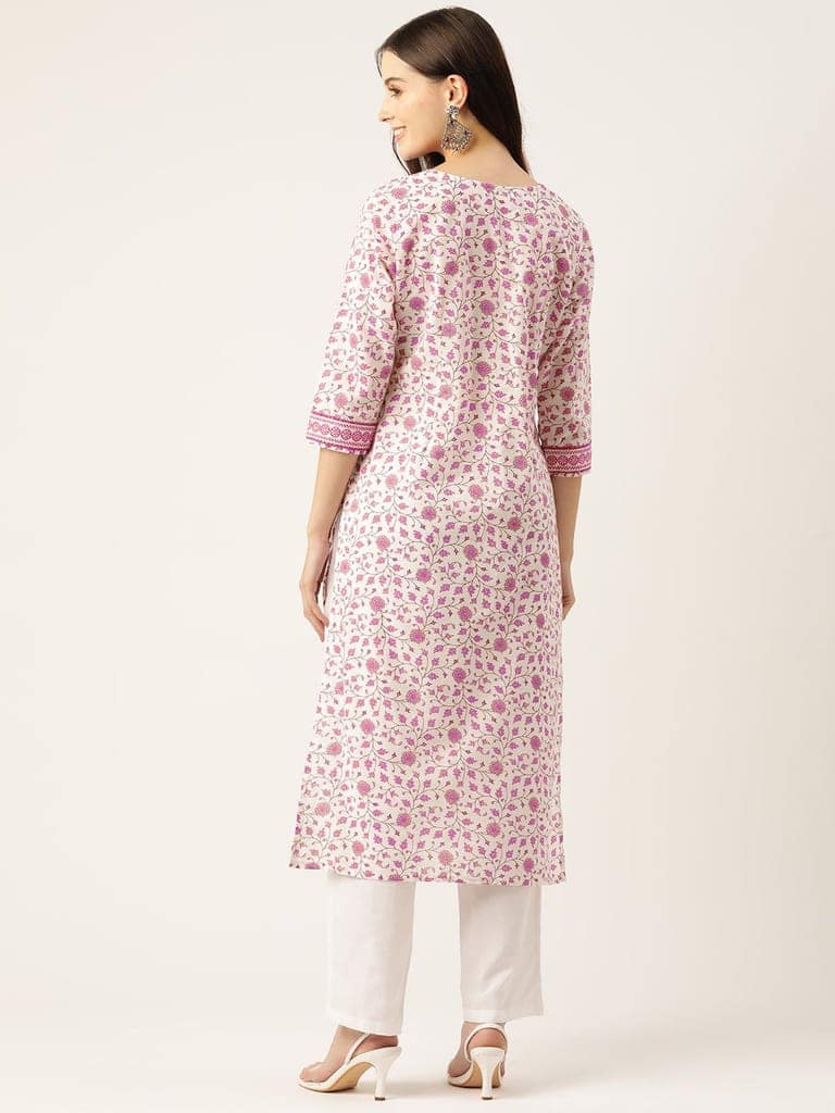 Women White & Pink Floral Printed A-Line Kurta view 3