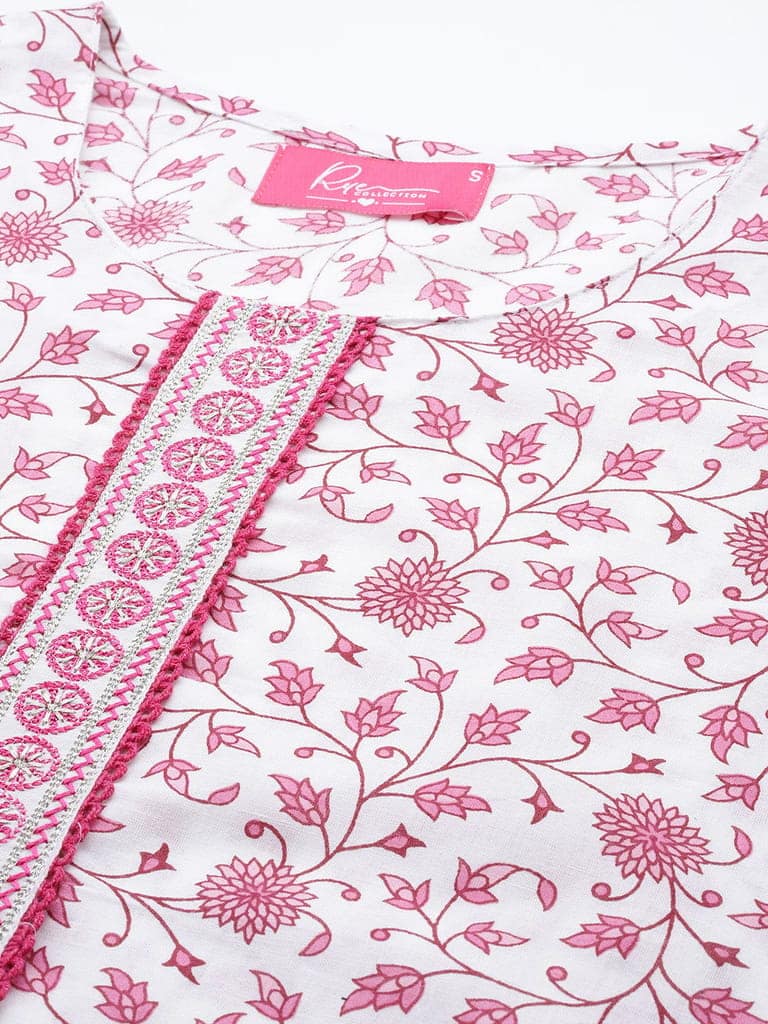 Women White & Pink Floral Printed A-Line Kurta view 4