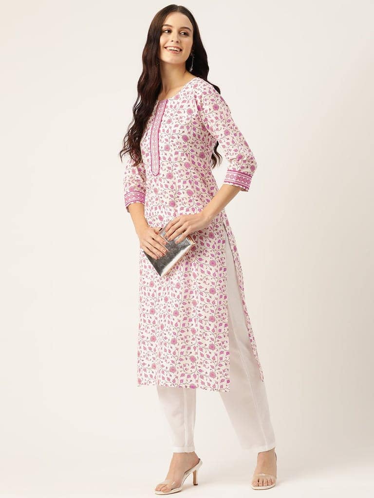 Women White & Pink Floral Printed A-Line Kurta view 5