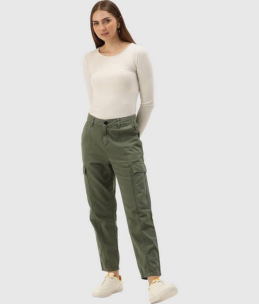 Women Olive Green Regular Fit Paneled Solid Cargo Trousers view 5