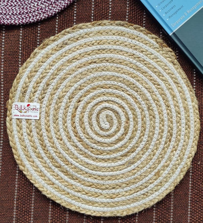 Round table mats cotton placemats (pack of 2) | Dining table mats 14", Heat Resistant, Reversible Use (Cotton - Jute) by Bulky Santa