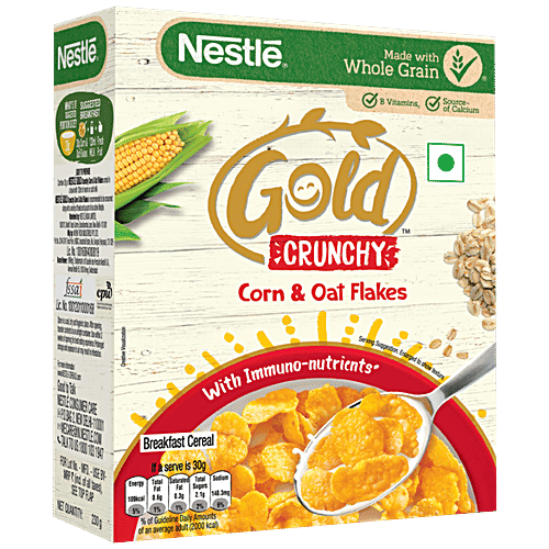 Nestle Gold Crunchy Corn & Oat Flakes Breakfast Cereal - With Immuno-Nutrients, Wholegrain, 230 g Box