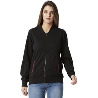 Miss Chase Women's Black Round Neck Full Sleeve Cotton Solid Multicolored Twill Tape Detailing Bomber Jacket