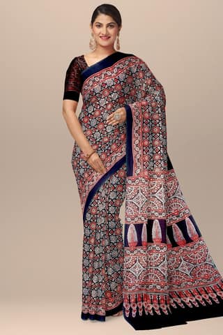 Black Ajrakh Hand Block Printed Modal Silk Saree with Floral and Geometrical Print SKU-BS10146