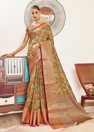 Digital Printed Art Silk Saree in Beige