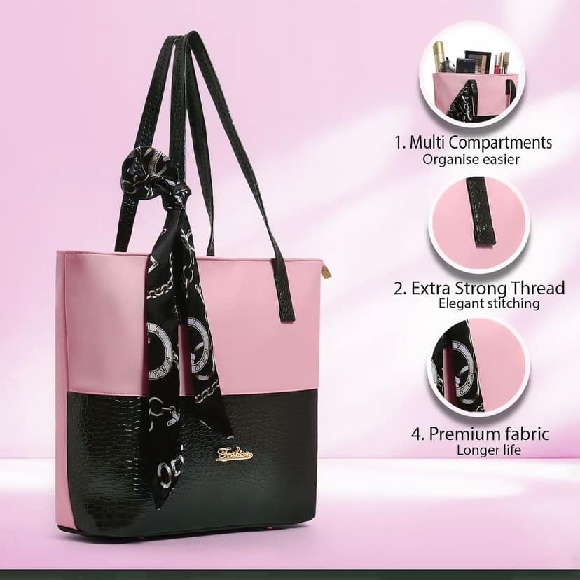 Elegant Two-Tone Handbag with Scarf Accent view 2
