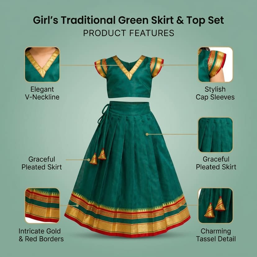 Mom and Me Girls’ Lehenga Choli/Parker Polka/Pattu Pavadai (0 Months–6 Years) | Acrylic Cotton with Soft Cotton Lining | V-Neck, Short Puff Sleeves, Zipper Closure (Morpankhi, 12-18 M) view 4