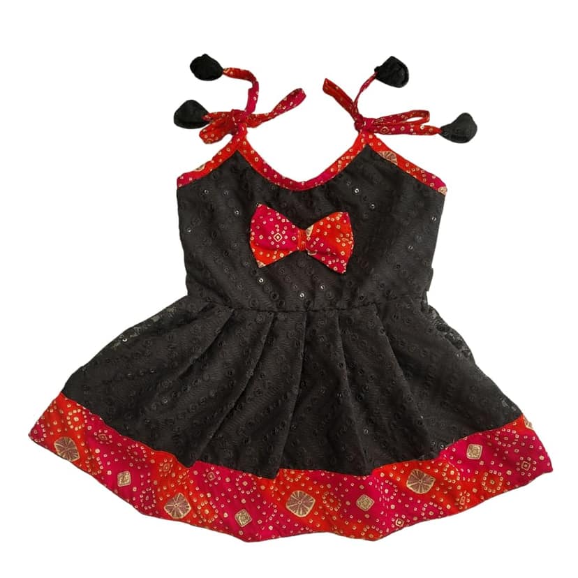 Mom and Me Baby Girls Ready-to-Wear Chikankari Dress, Black with Bandhani Border, for 0-2 Years, Festive Traditional Ethnic Wear for Pongal, Makar Sankranti, Ceremonies (IN, Age, 12 Months, 18 Months)