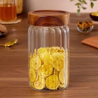 Borosil 1200 ml Linea Glass Jar with Acacia Wood Lid | Borosilicate Glass Storage Jar for Dry Fruits, Spices & Snacks | Airtight Glass Container for Kitchen & Pantry