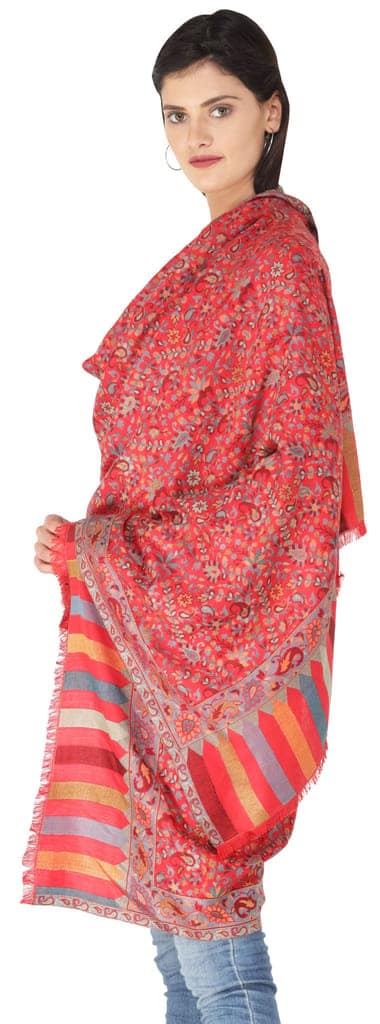 Scarlet-Sage Kani Jamawar Stole with Woven Flowers and Paiselys in Multi-Color Thread view 2