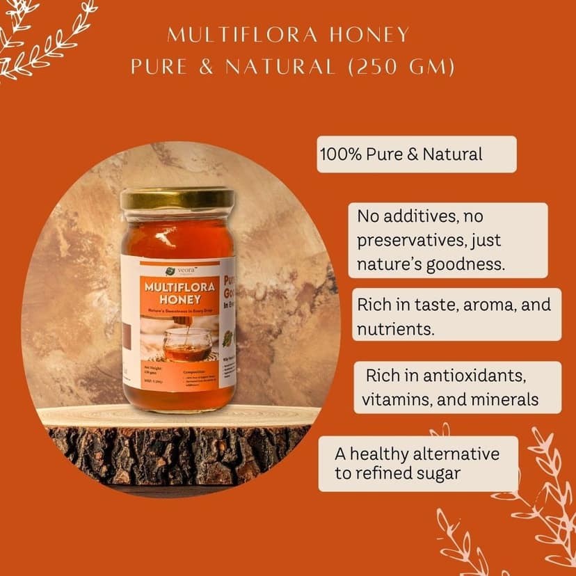Veora Organics Multiflora Honey | 100% Pure & Natural Raw Honey | Chemical-Free Natural Sweetener | Rich in Antioxidants | Supports Immunity & Digestion | 250g view 2
