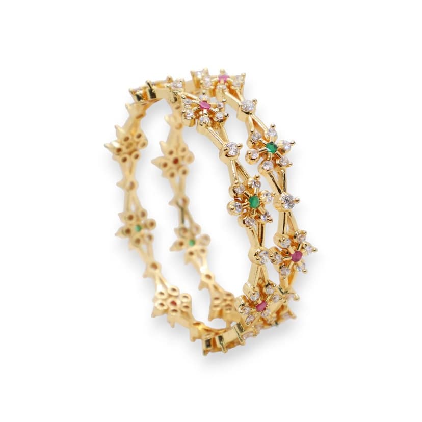 Elegant Floral Gold-Plated Stone-Studded Bangles (Pair) view 3