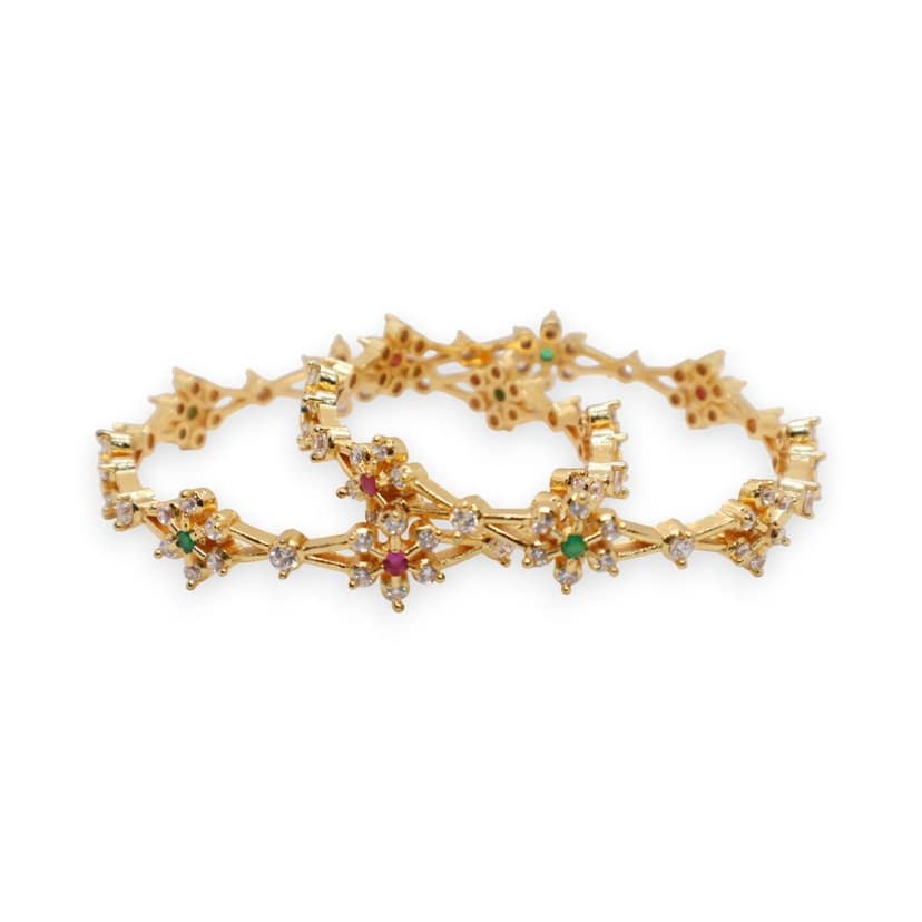 Elegant Floral Gold-Plated Stone-Studded Bangles (Pair) view 4