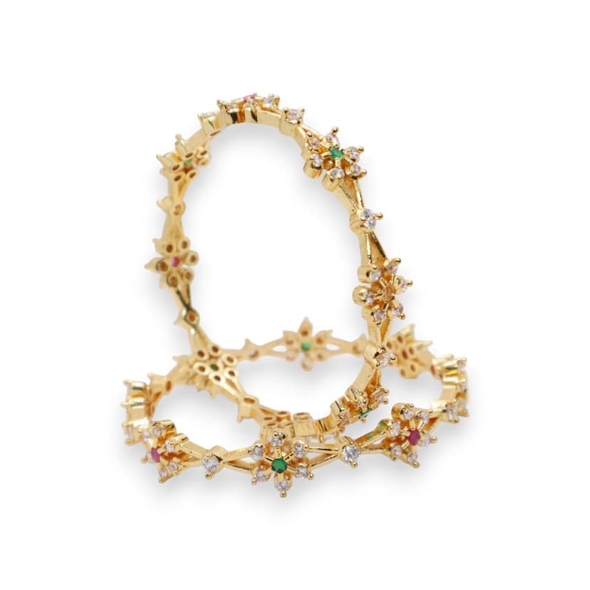 Elegant Floral Gold-Plated Stone-Studded Bangles (Pair) view 5