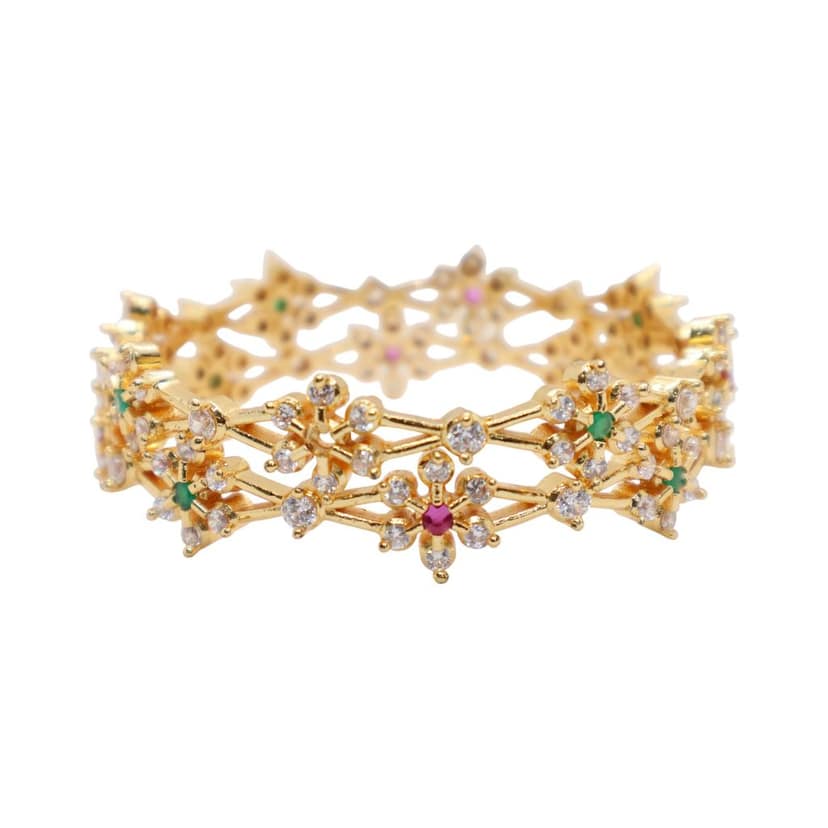 Elegant Floral Gold-Plated Stone-Studded Bangles (Pair) view 6