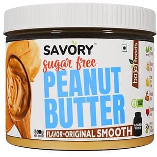 SAVORY Original Smooth Peanut Butter (Sugar-Free) with Added Whey | High in Protein | No Added Sugar, Energy Booster, Gluten-Free & Keto Friendly | Cholesterol & Trans-fat Free | Healthy Protein Rich Spread (500g)