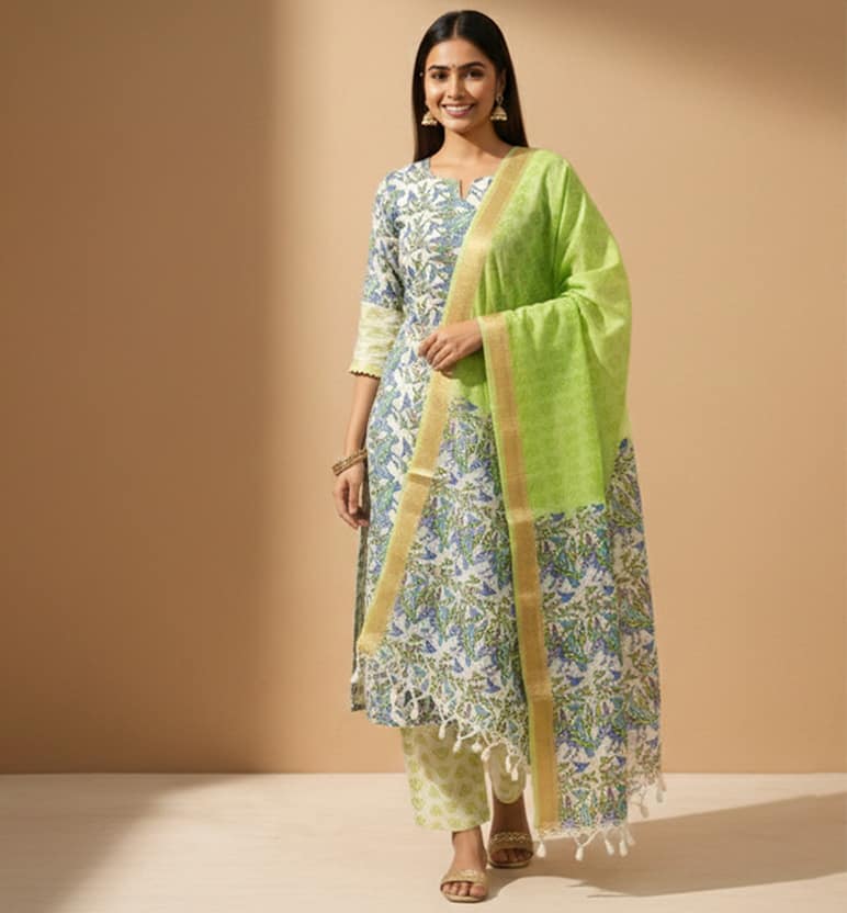 Gond Art Block Print Maheshwari Unstitched Suit Set – Heritage Tribal Motif (3 Piece) view 7