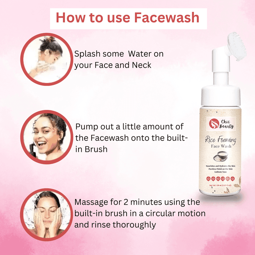 Chic Beauty 2 Foaming Face Wash Kit with Built-in Silicone Brush (Rice Foaming Face Wash 150ml + Ubtan Foaming Face Wash 150ml) view 3